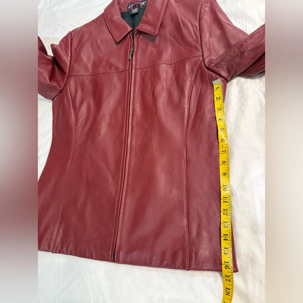 J G Hook deep red leather jacket zip front lined. Size Medium - Image 8