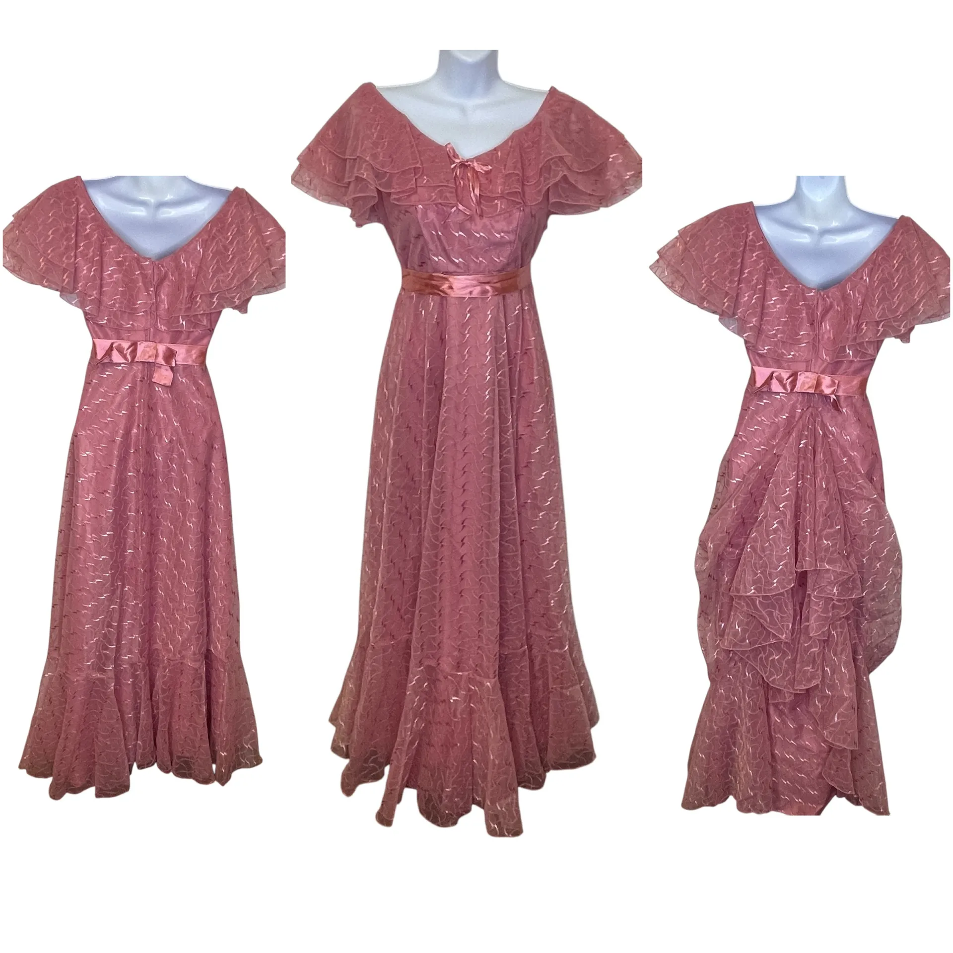 JC Penny Vintage 1970s Ruffle Tulle Daphne Rose JC Penney Maxi Dress Prom Gown Size 3/4 - Image 2
