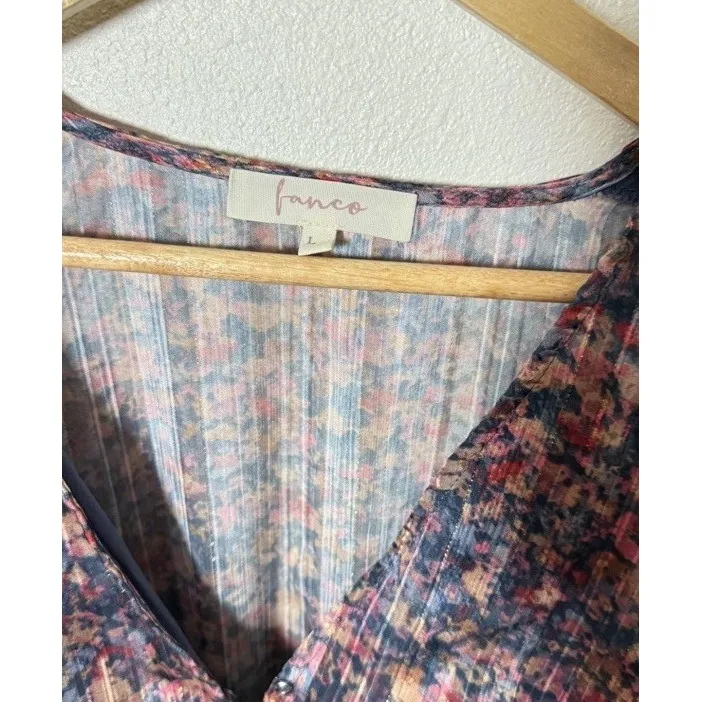 Fanco Floral Long Sleeve Mini Dress Size L Sheer Boho Ruffle Hem Festival Vibe Blue Size L - Image 4