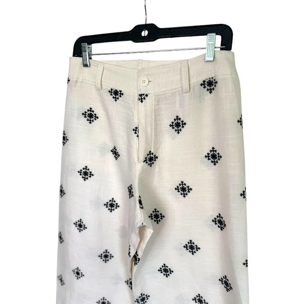 Elie Tahari Women’s Linen Blend Embroidered Wide Leg Cropped Pants Boho Cream 6 - Image 5