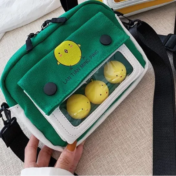 Green Canvas Messenger Shoulder Bag with Stress Relief Chicken Toy Cute Satche - Image 2