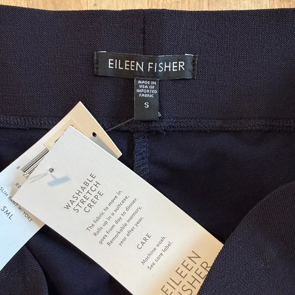 NWT Eileen Fisher Washable Stretch Crepe Mid-Rise Navy Knit Pull On Slim Pant, S - Image 9