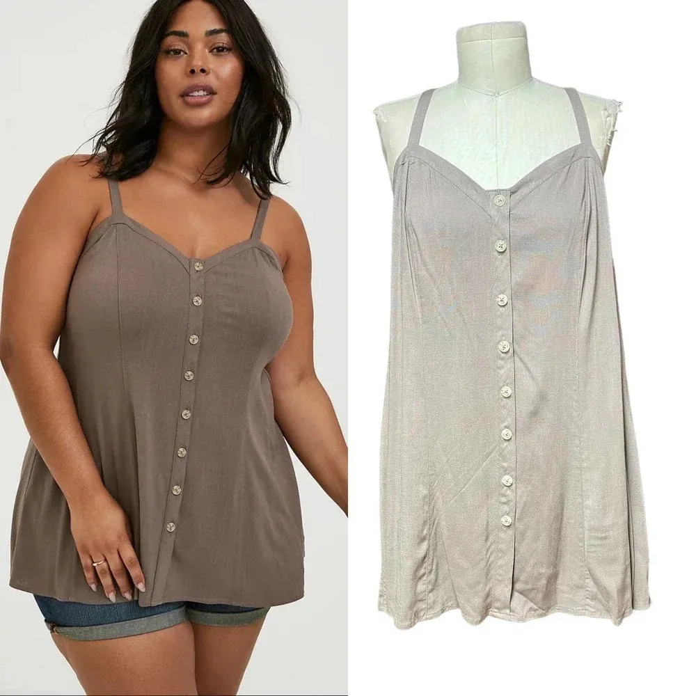 Torrid Fit‎ and Flare Rayon Slub Button-Front Cami Top Falcon Tan Plus Size 2X - Image 2