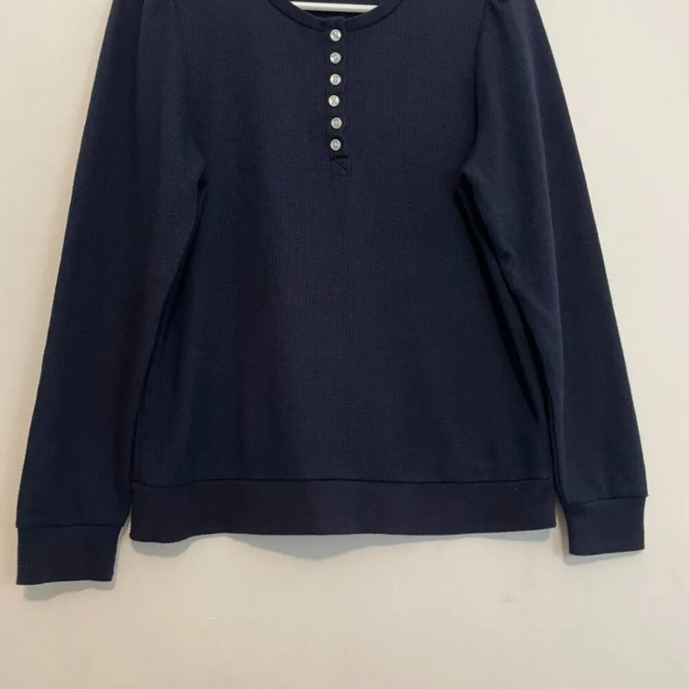 SPLENDID ANTHROPOLOGIE ANTHRO Waffle Mixed Puff Sleeve Top Navy Blue Henley Knit - Image 4