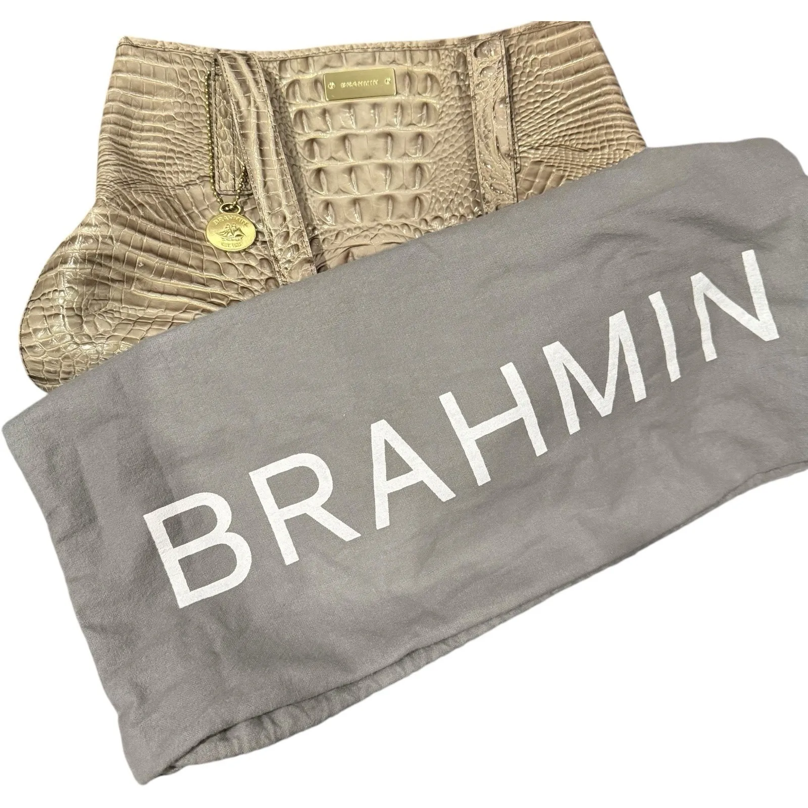 Brahmin Melbourne Croc Embossed Leather Shoulder Tote Bag Taupe Gold Hardware - Image 10