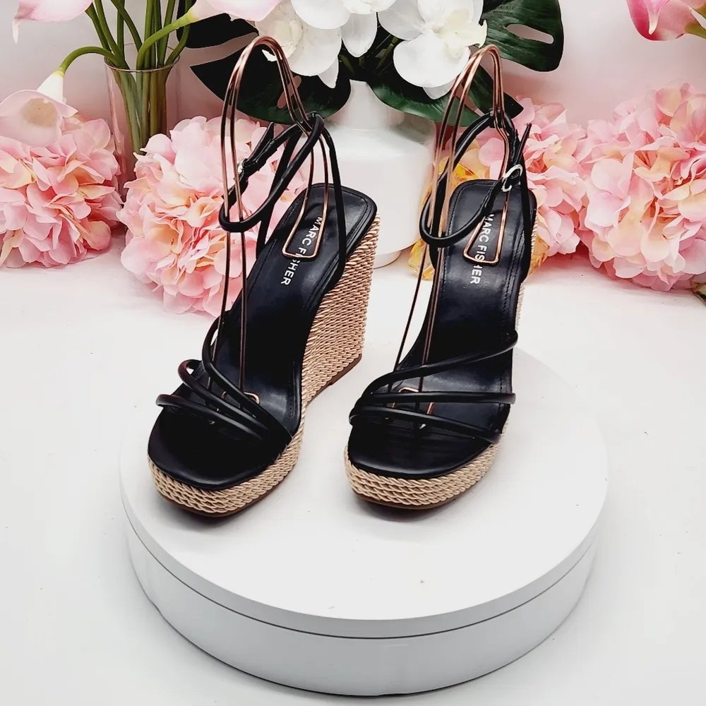 Marc Fisher Black Women’s Strappy Espadrille Wedges Size 7M - Image 11