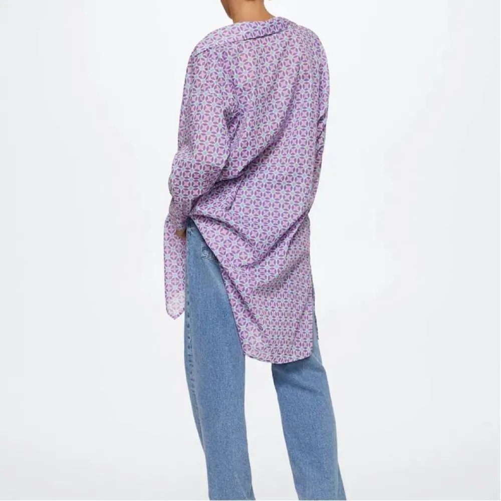 MNG Abstract Print Button-Down Shirt Cover Up in Purple - Image 2