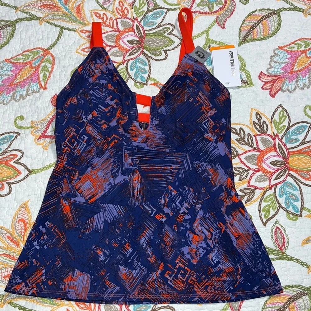 MARIKA swim top medium removable cup pads reddish orange blue adjustable straps - Image 11