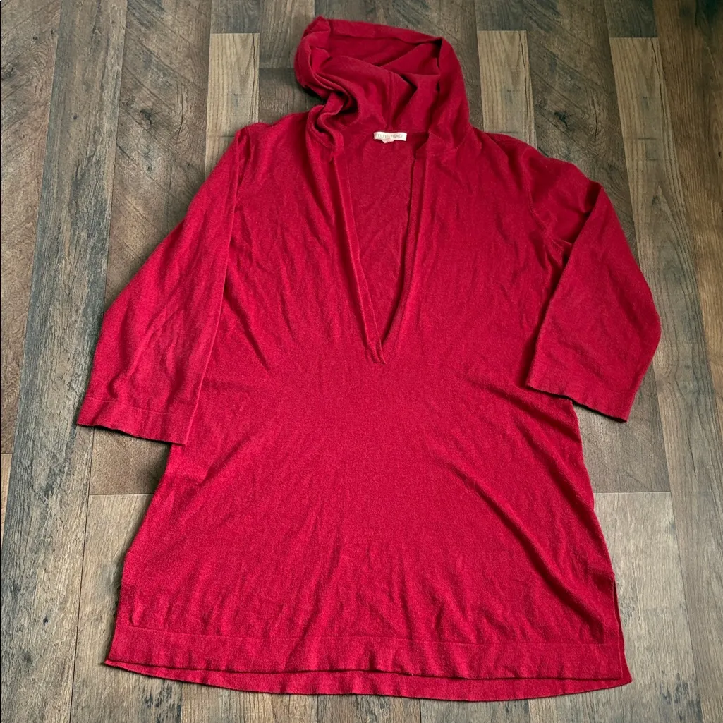 Eileen Fisher organic cotton–cashmere knit hoodie tunic lightweight red size M - Image 2
