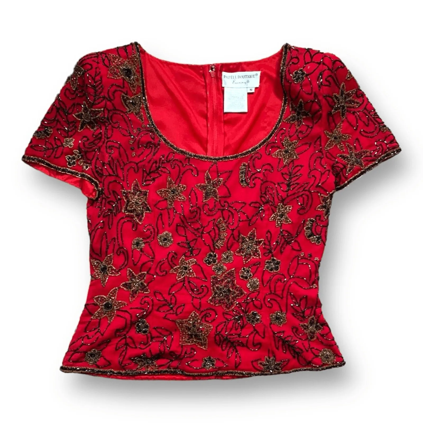 Vintage Papell Boutique Blouse Red Black Silk Embellished Metallic Floral Design - Image 4