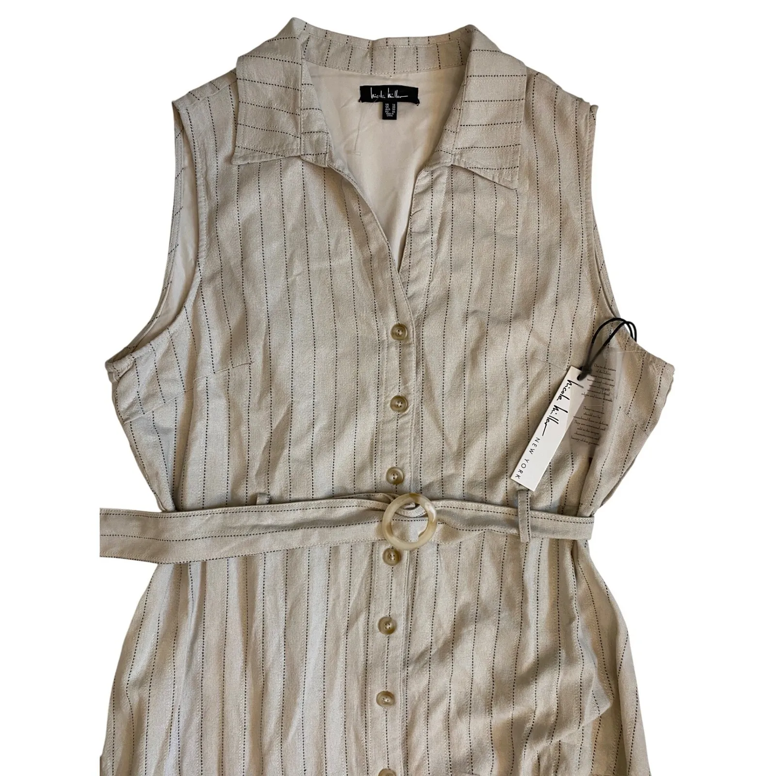 Nicole Miller Linen Striped Sleeveless Belted Midi Shirt Dress Womens 16 NWT - Image 5
