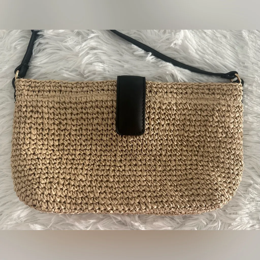 Zara‎ natural straw black leather accent handbag bag - Image 2