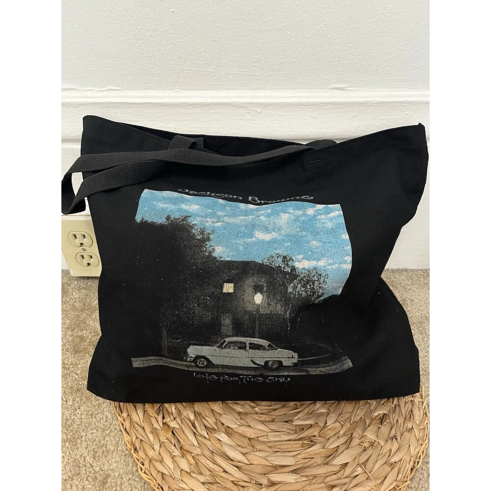 Jackson Browne 70s Late For The Sky Black cotton album cover vintage car tote - Image 3