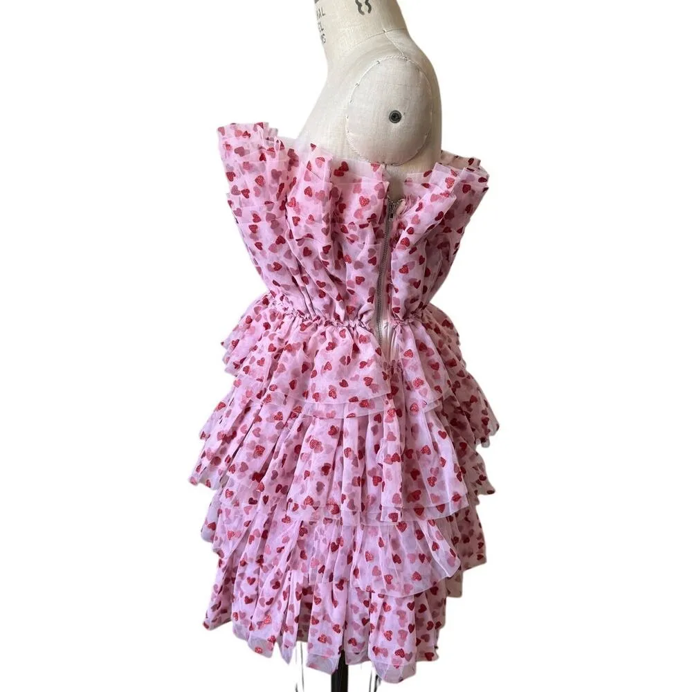 Mable Glitter Red Heart on Pink Chiffon Mini Strapless Party Dress Size Small - Image 2