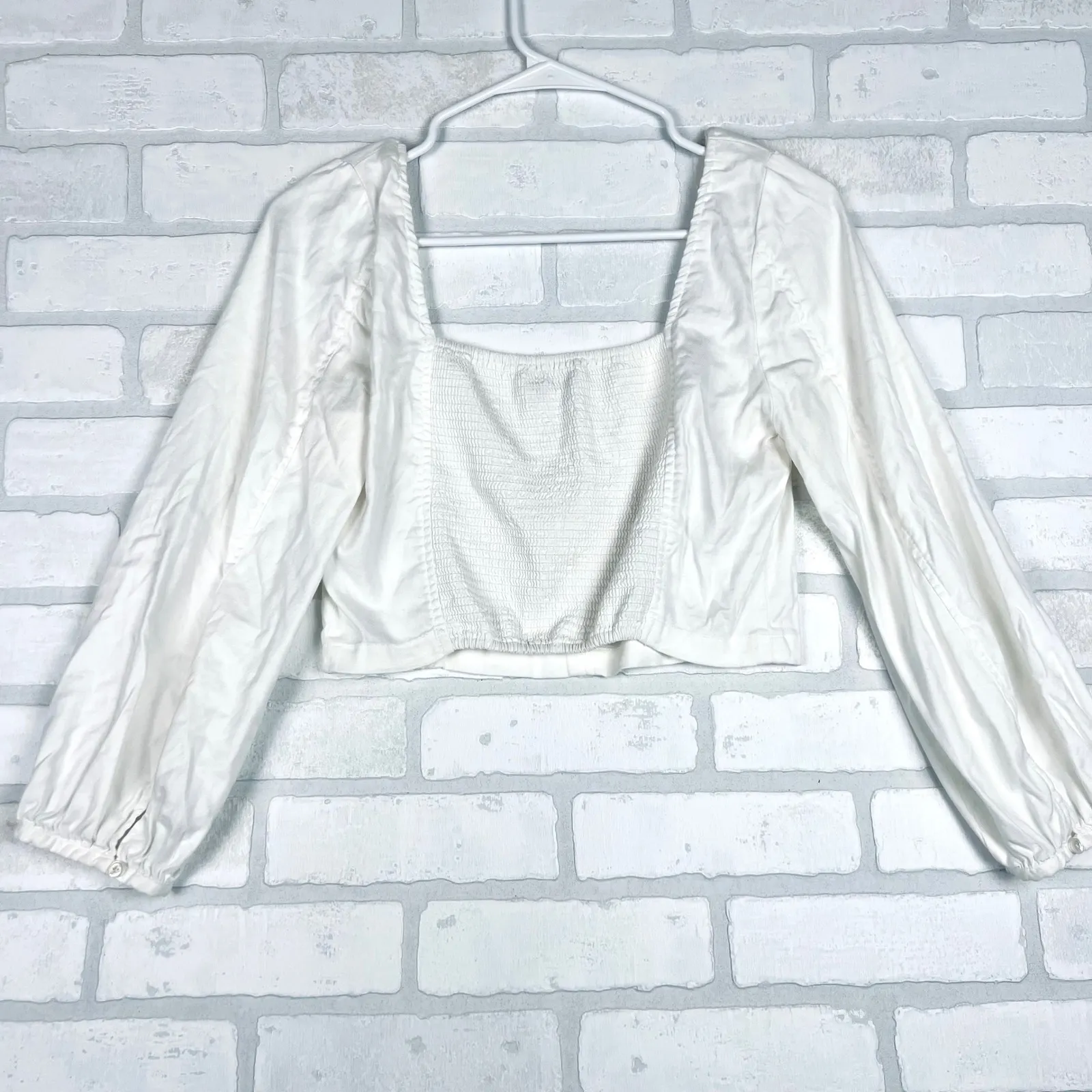 Babaton Off White Square Neck Long Sleeve Smocked Crop Top Women Size M - Image 8