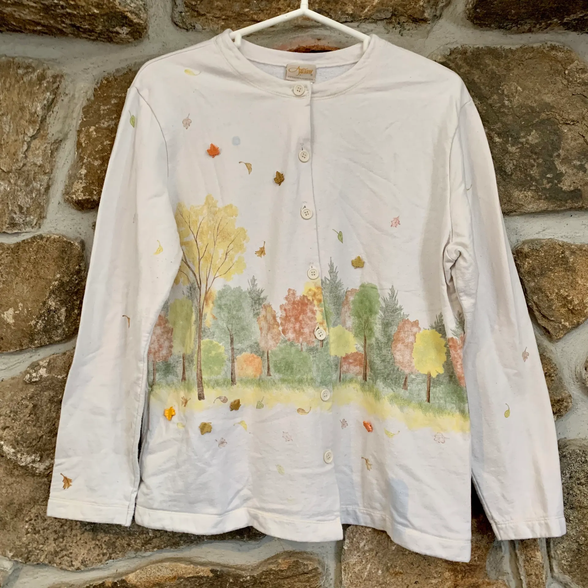 Vintage Cream White/Beige Fall Scene Button Up Cardigan Sweatshirt White Size M - Image 1