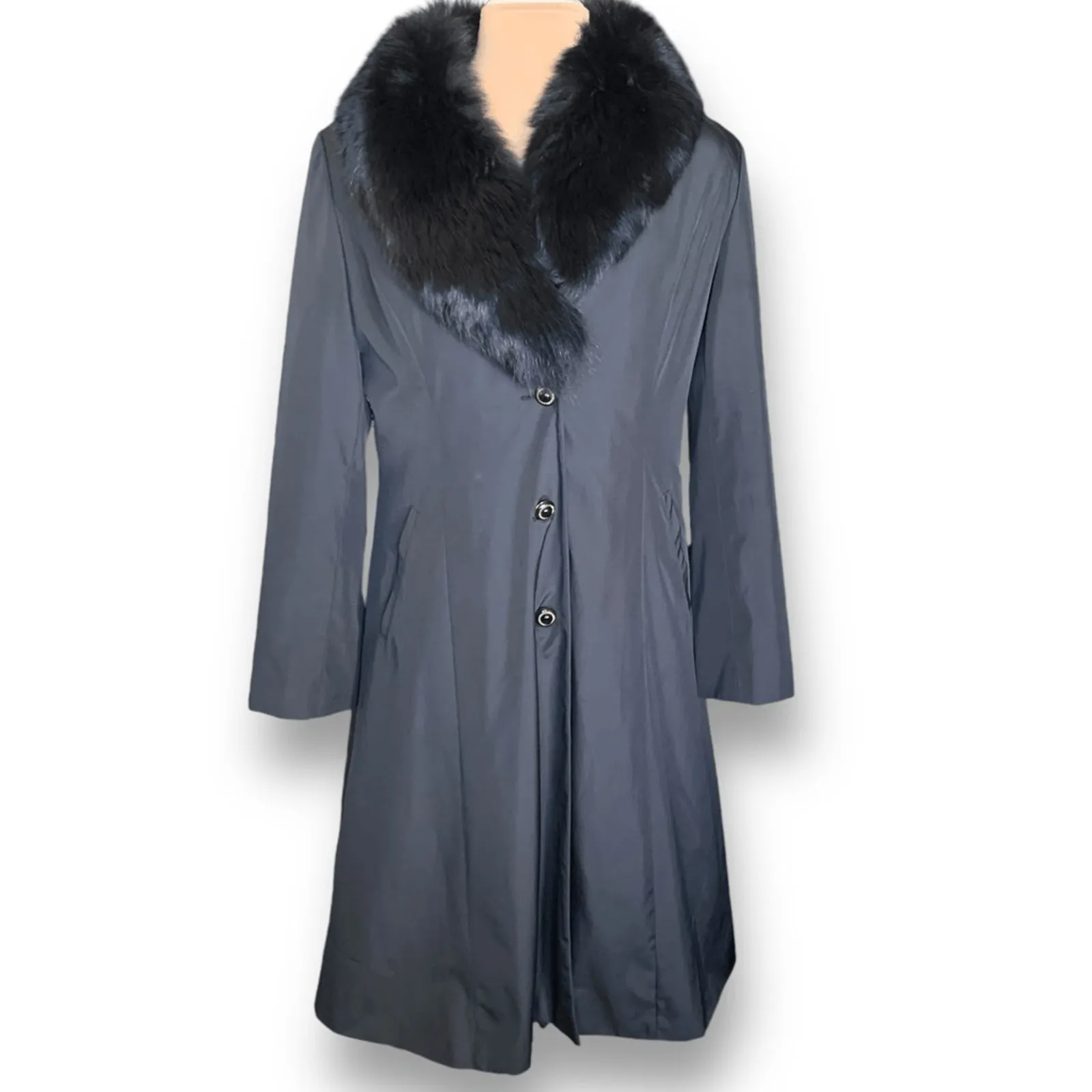 St John Black Long Coat Removable Real Fox Fur Collar Luxe Winter Elegance 12 - Image 2