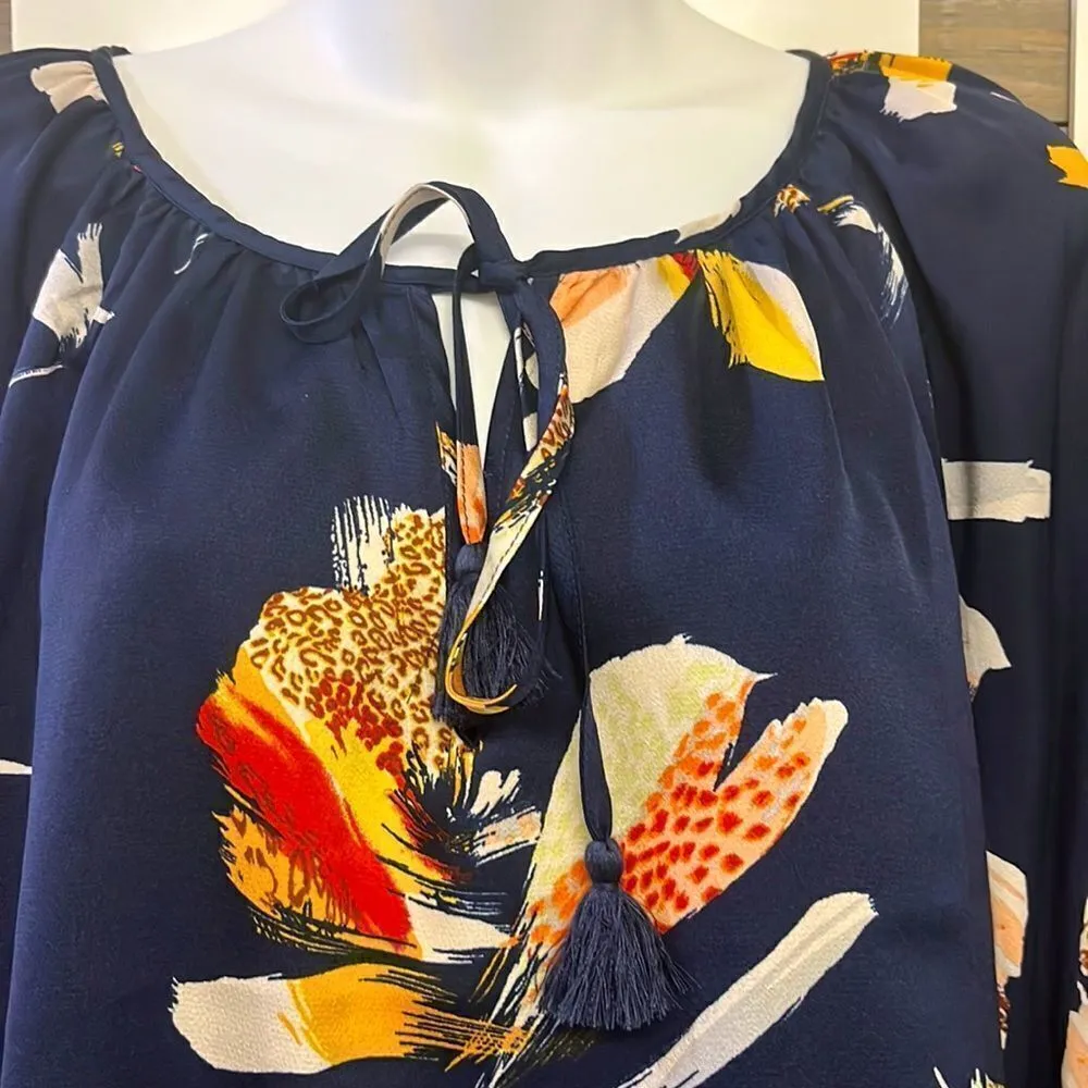 Lovestitch Navy Floral with Tassel Keyhole Tie and Elastic 3/4 Sleeves- Medium - Image 2