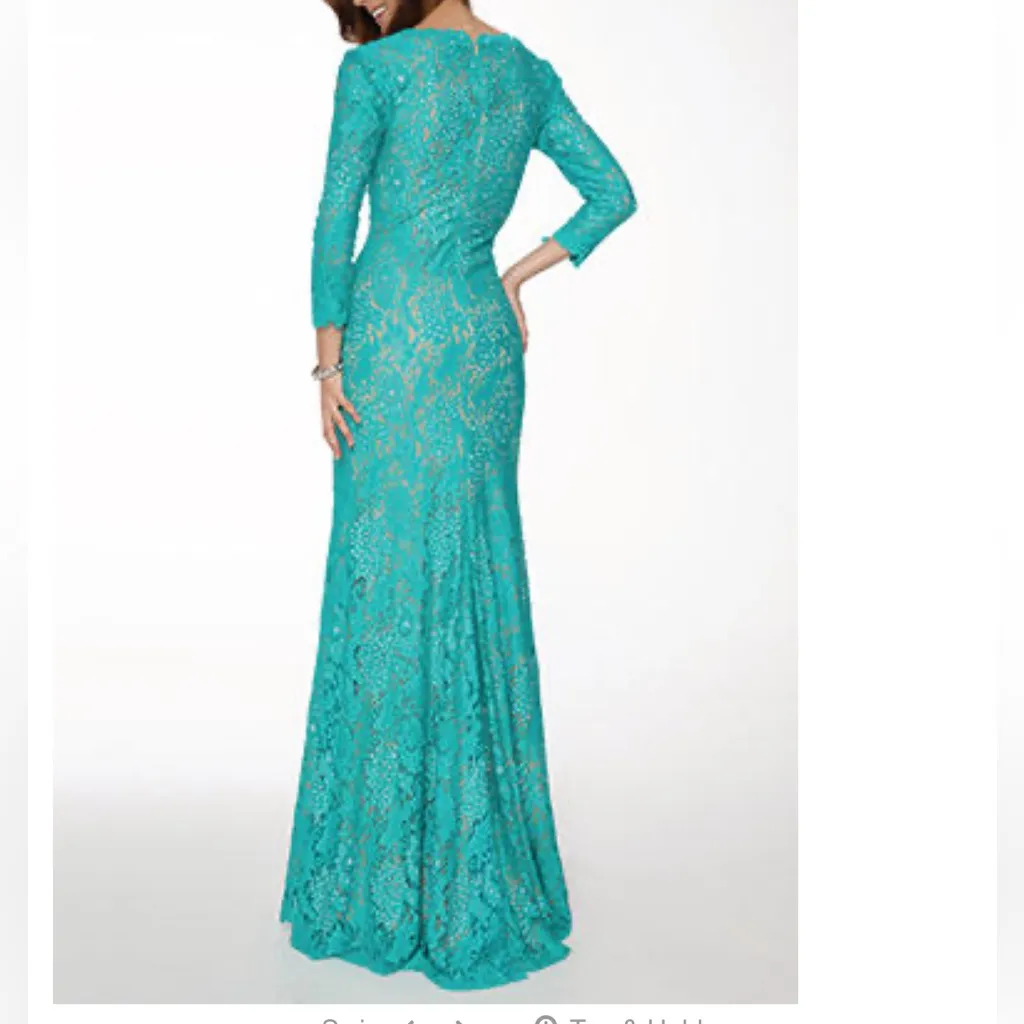 Jovani 20025 Long Formal Turquoise Rhinestone Elbow Length Sleeve Lace Dress 2 - Image 2