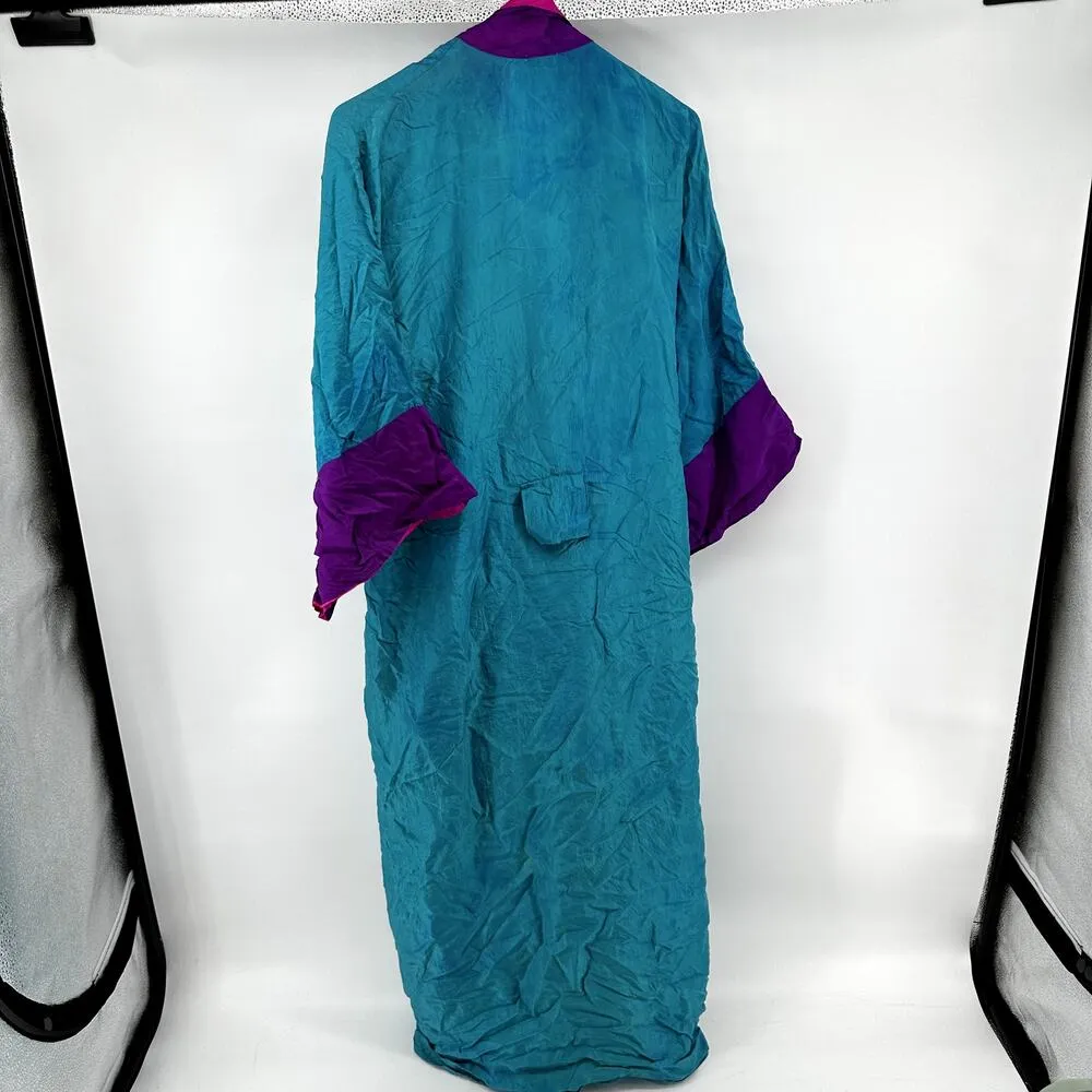Vintage Bill Tice Silk Robe 70s Tie Waist 3/4 Sleeve Colorblock Blue Pink Large - Image 9