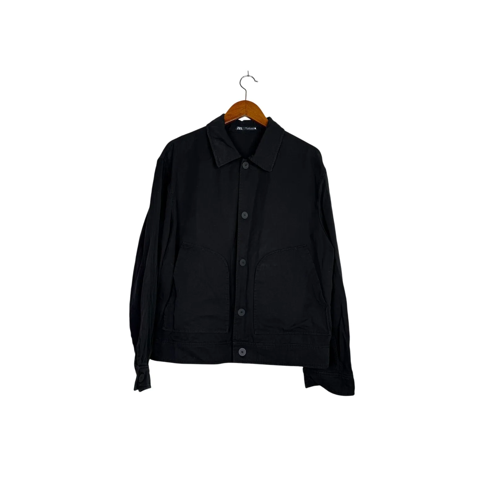 Zara Long Sleeve Lightweight Button Down Collard Shaket Jacket Pockets L Black - Image 8