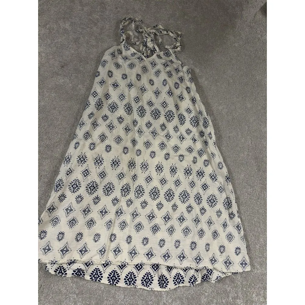 artisan NY linen‎ dress white blue pattern medium Cross Cross Design Back - Image 2