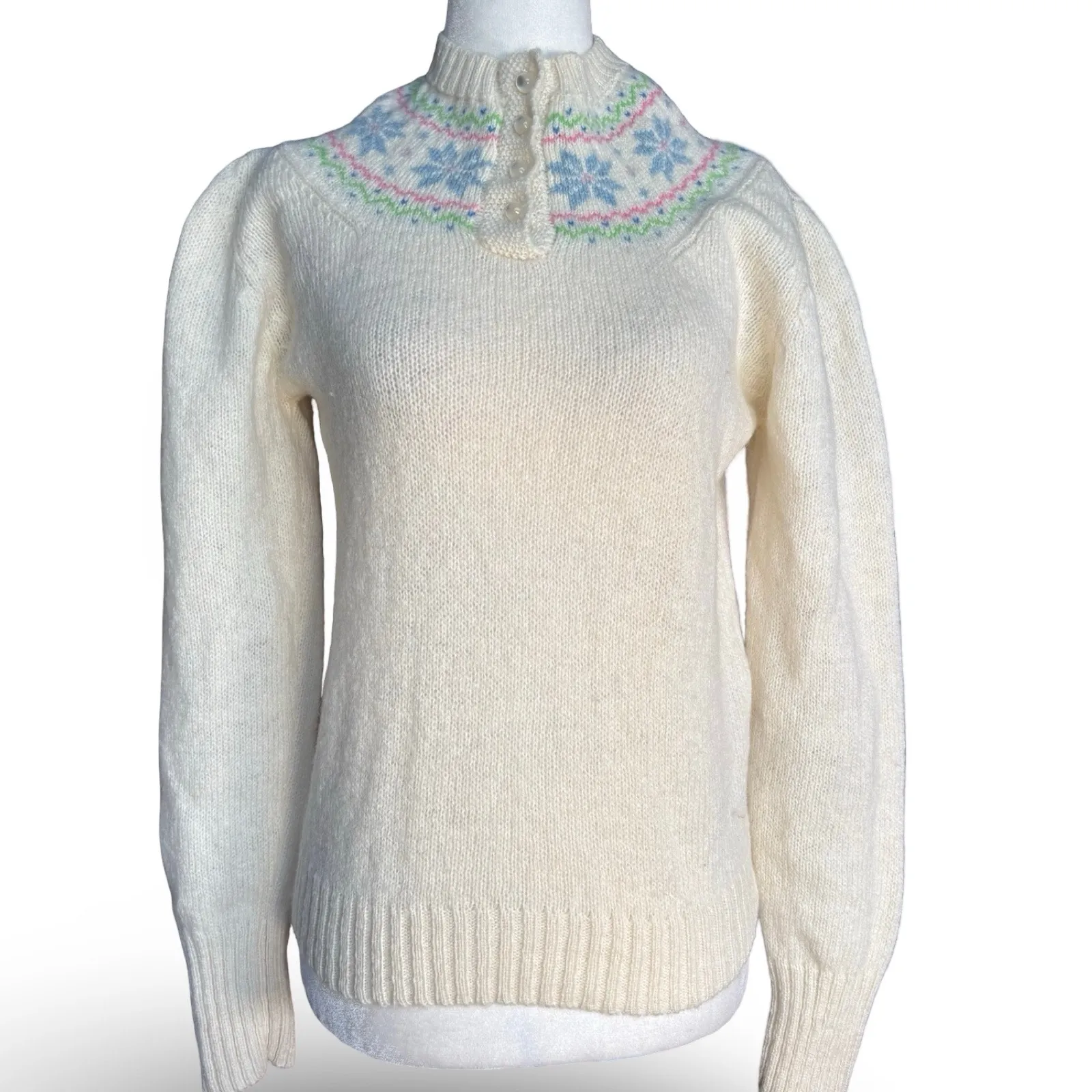 Vintage The Eagle’s Eye Fair Isle Shetland Wool Henley Sweater Pastel Pink Cozy White Size M - Image 11
