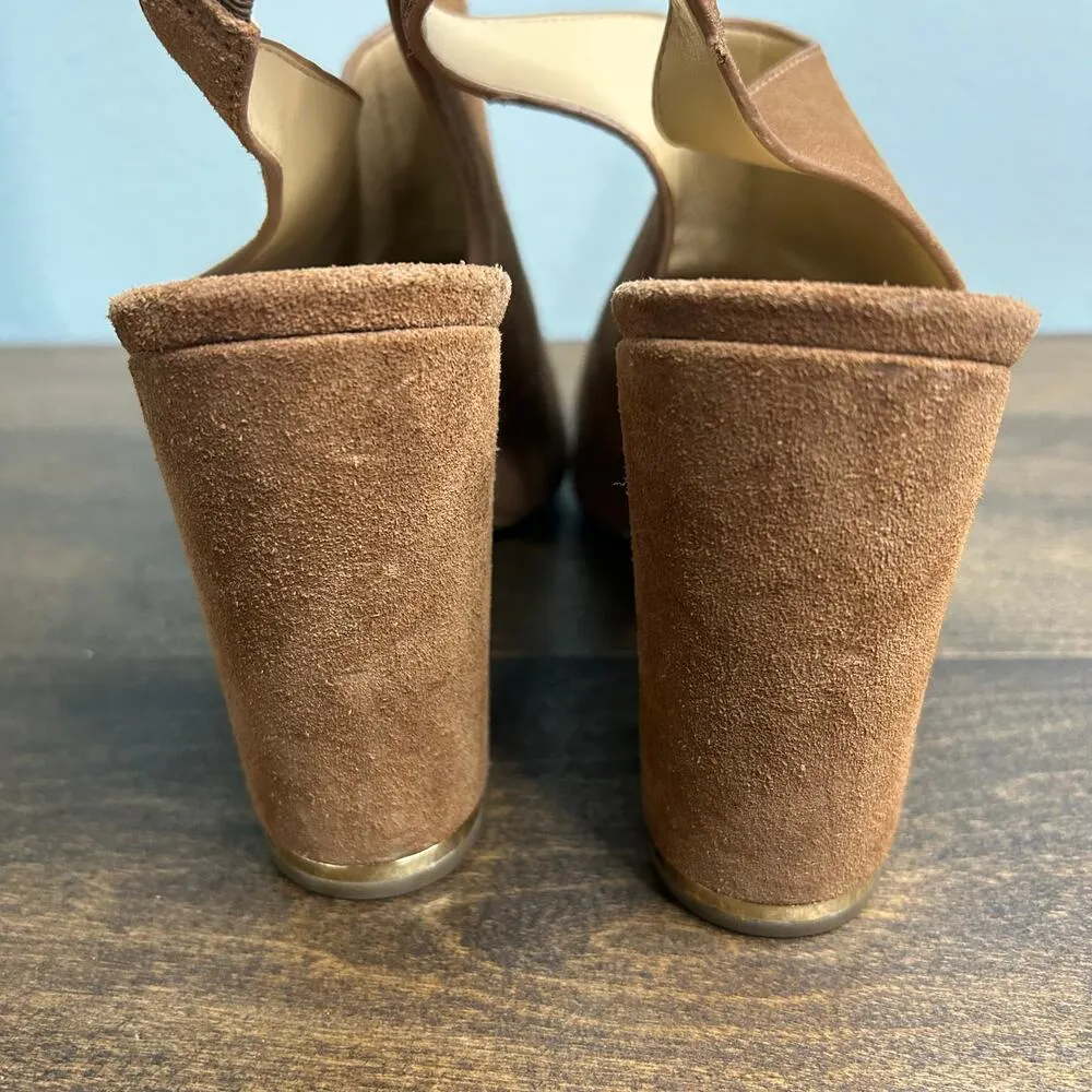 Michael Kors Chunky Peeptoe Heels Cassie Slingback Camel Brown Suede Leather 8.5 - Image 7