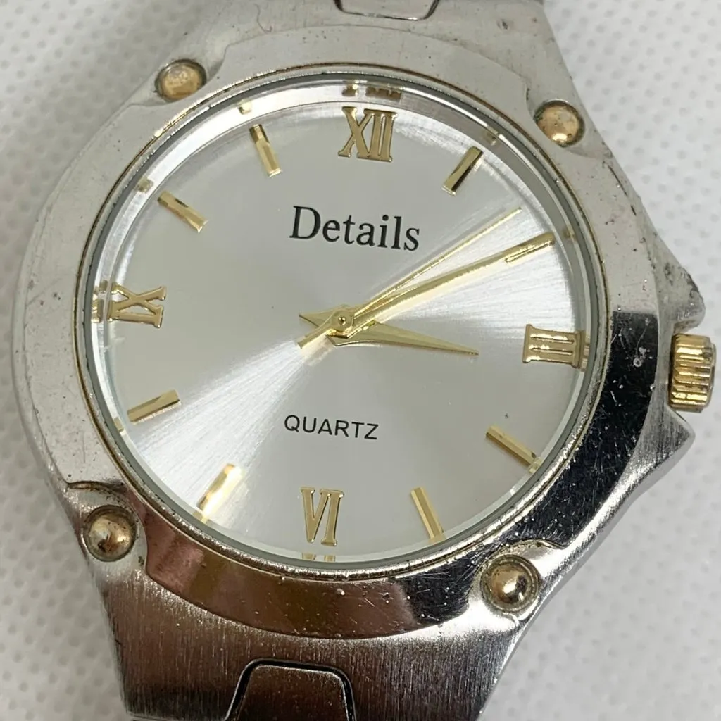 Details vintage men watch silver gold tone 39mm quartz analog up to 8.5” running - Image 3