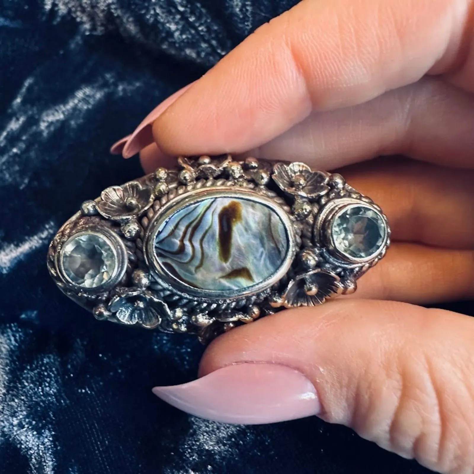 Tibetan Silver Ring with Abalone and Blue Stones Extra Large Adjustable - Image 3