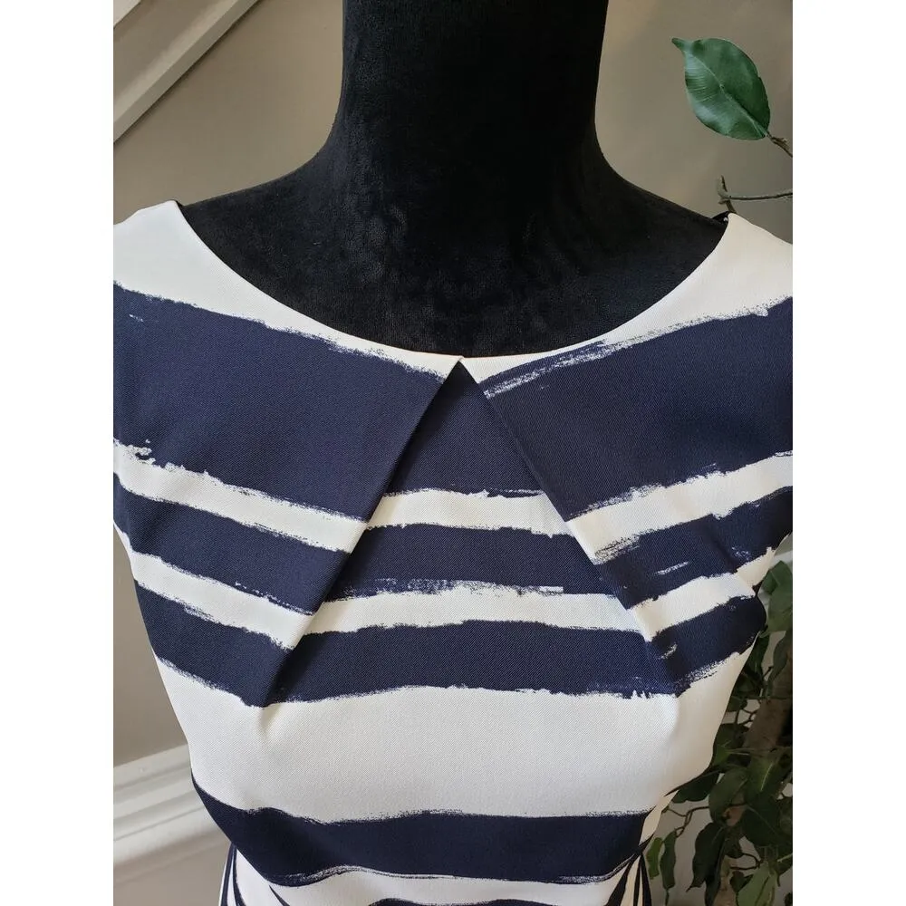 AB Studio Dress Women 16 Navy White Sheath Sleeveless Striped Career Stretch - Image 4