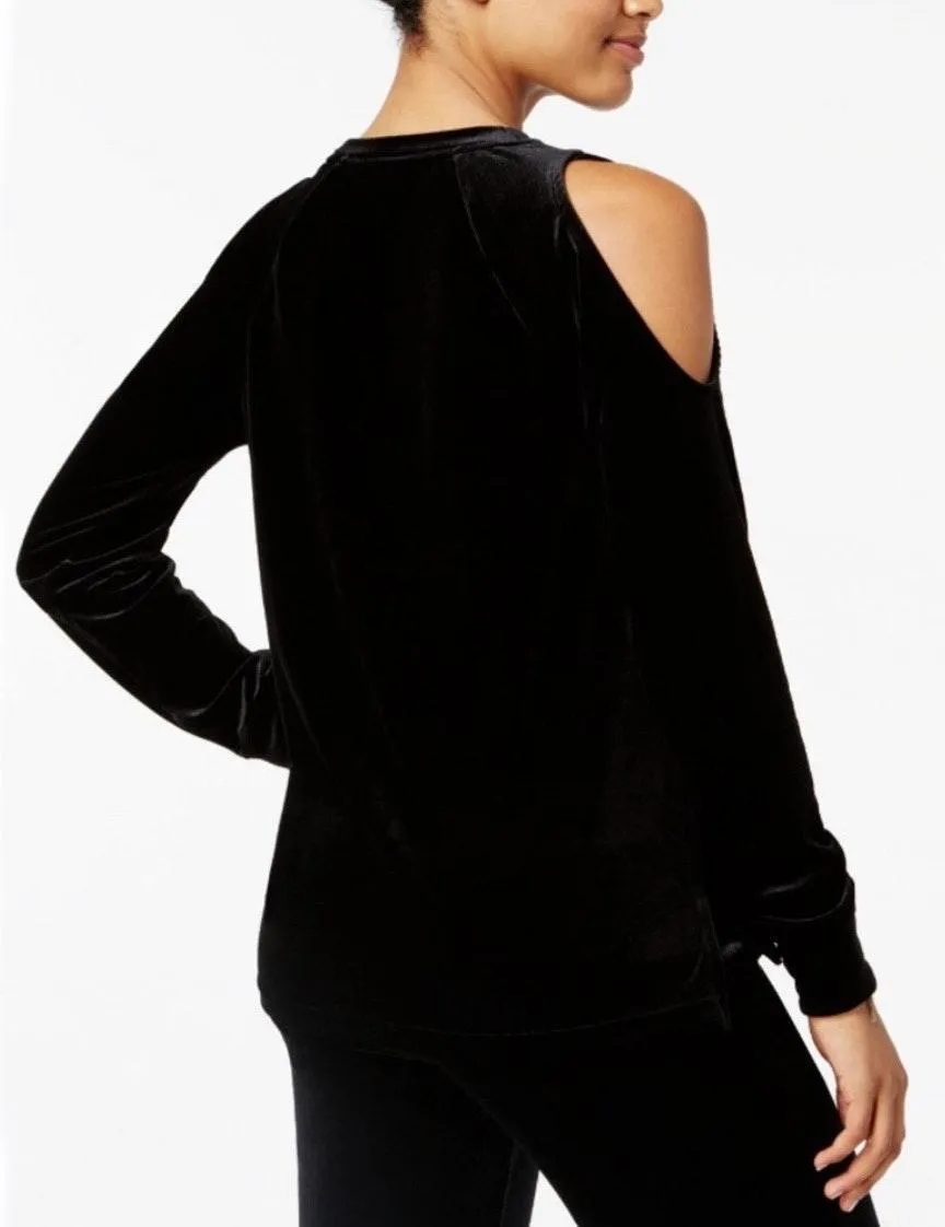 Black Velour Cold Shoulder Top - Image 2