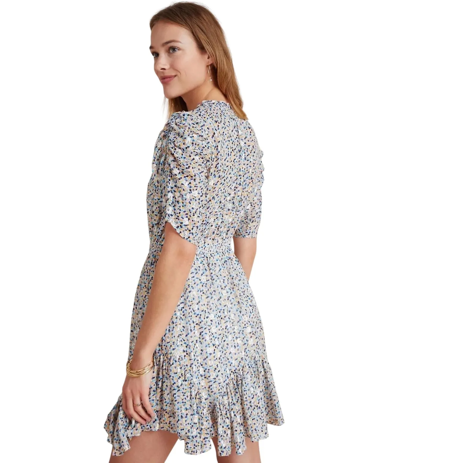 Shoshanna Anthropologie Mini Dress Floral Print Metallic Ruffle‎ Short Sleeve 12 - Image 2