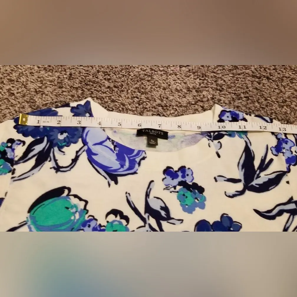 Talbots Scoop Neck Quarter Sleeve Scoop Neck Cotton Blue Floral Pullover Sweater - Image 11