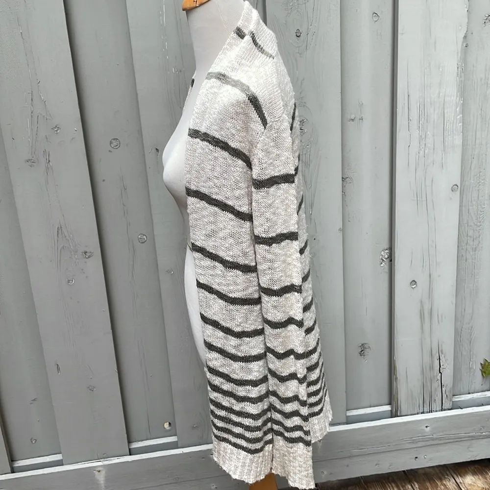 Cotton Blend Shawl Collar Cardigan In Oatmeal & Olive Stripe Size L - Image 3
