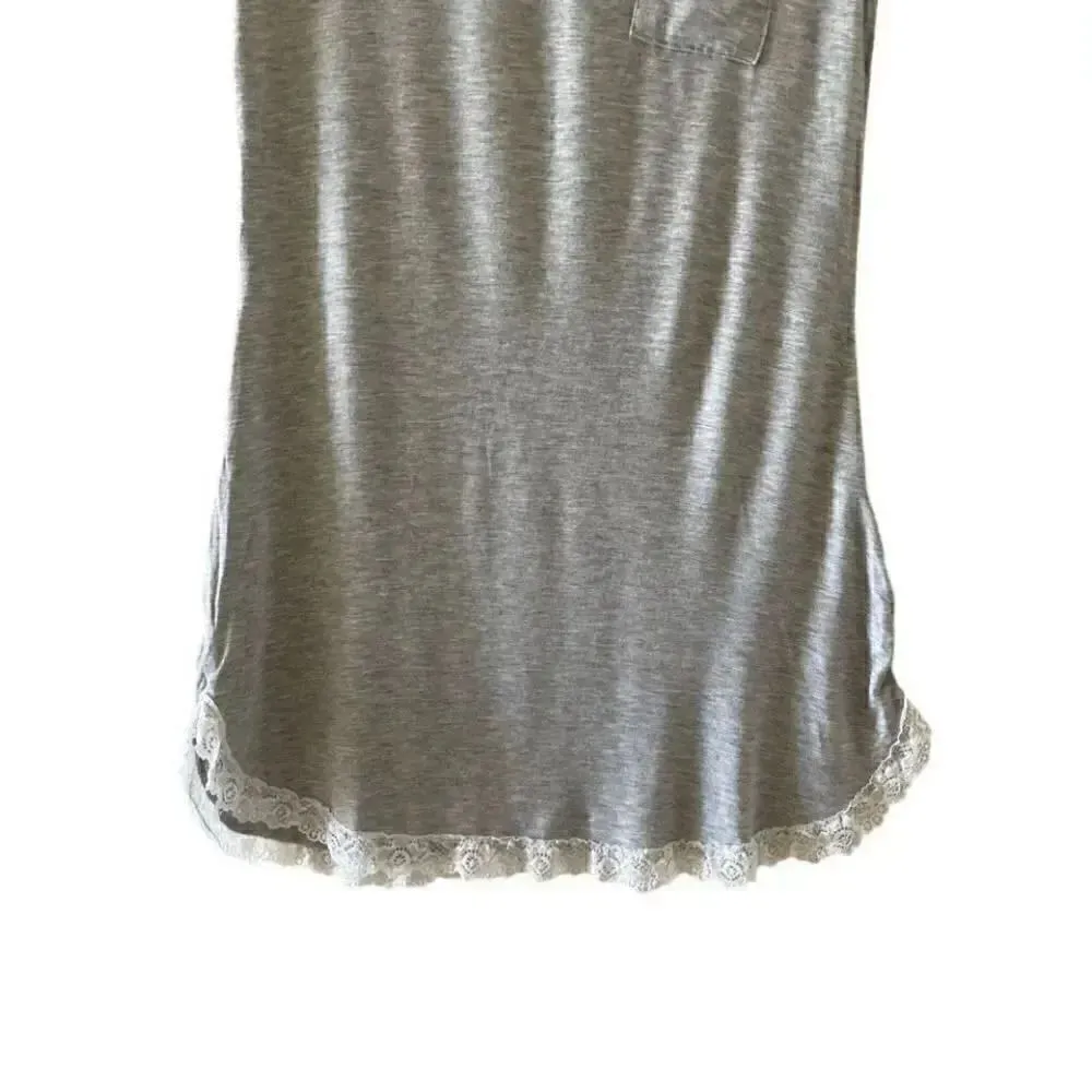Ekouaer Gray V-neck Soft Lace Embroidered Hem Short Sleeves Sleep Dress SZ XS - Image 4