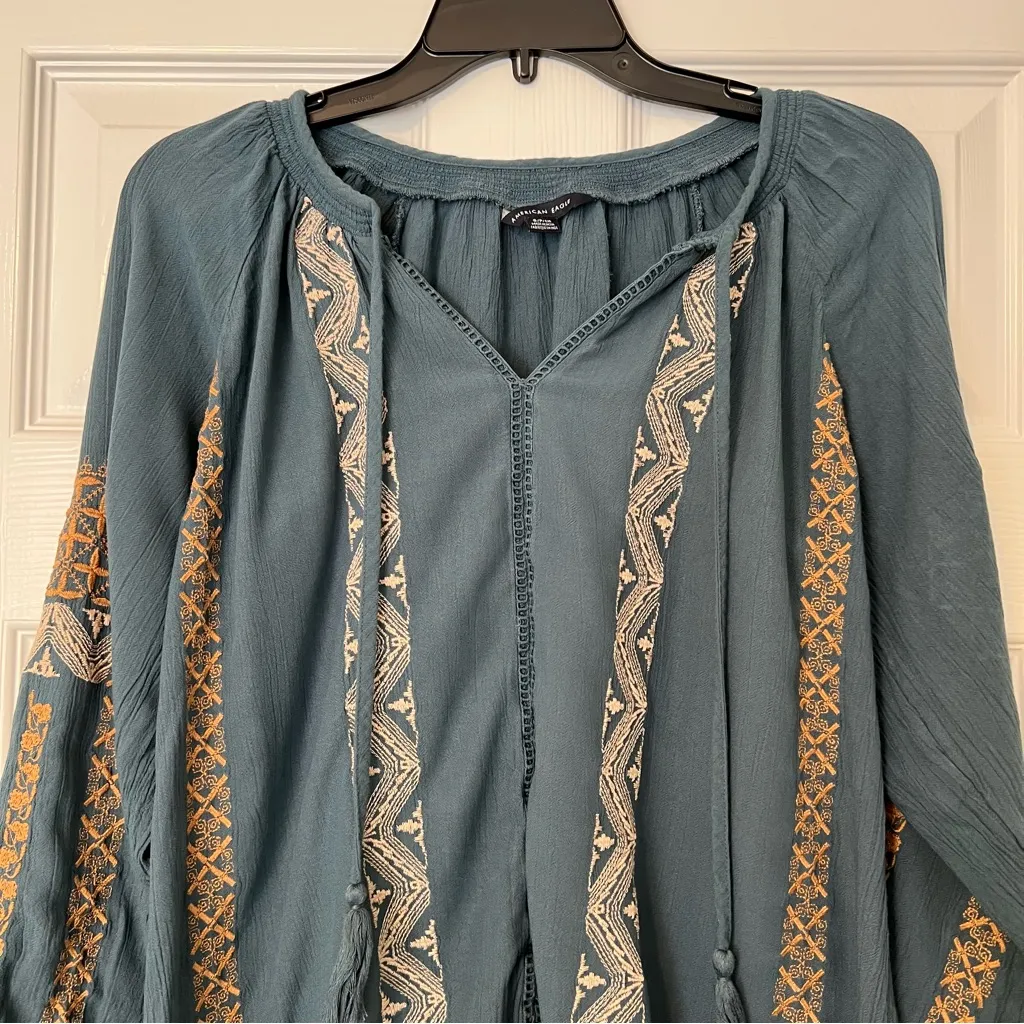 American Eagle blue embroidered top tassel tie shirt S - Image 2