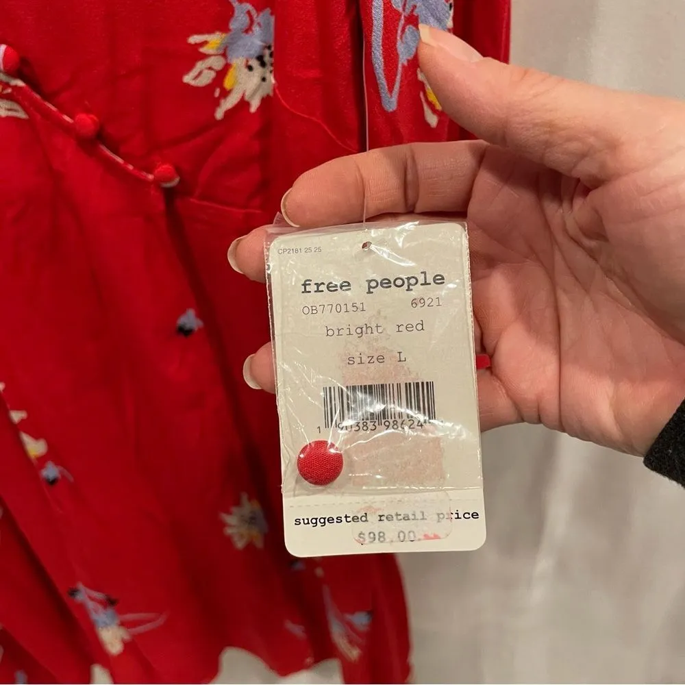 Red Free People NWT boho ruffle sleeve faux wrap floral mini dress deep v neck - Image 5