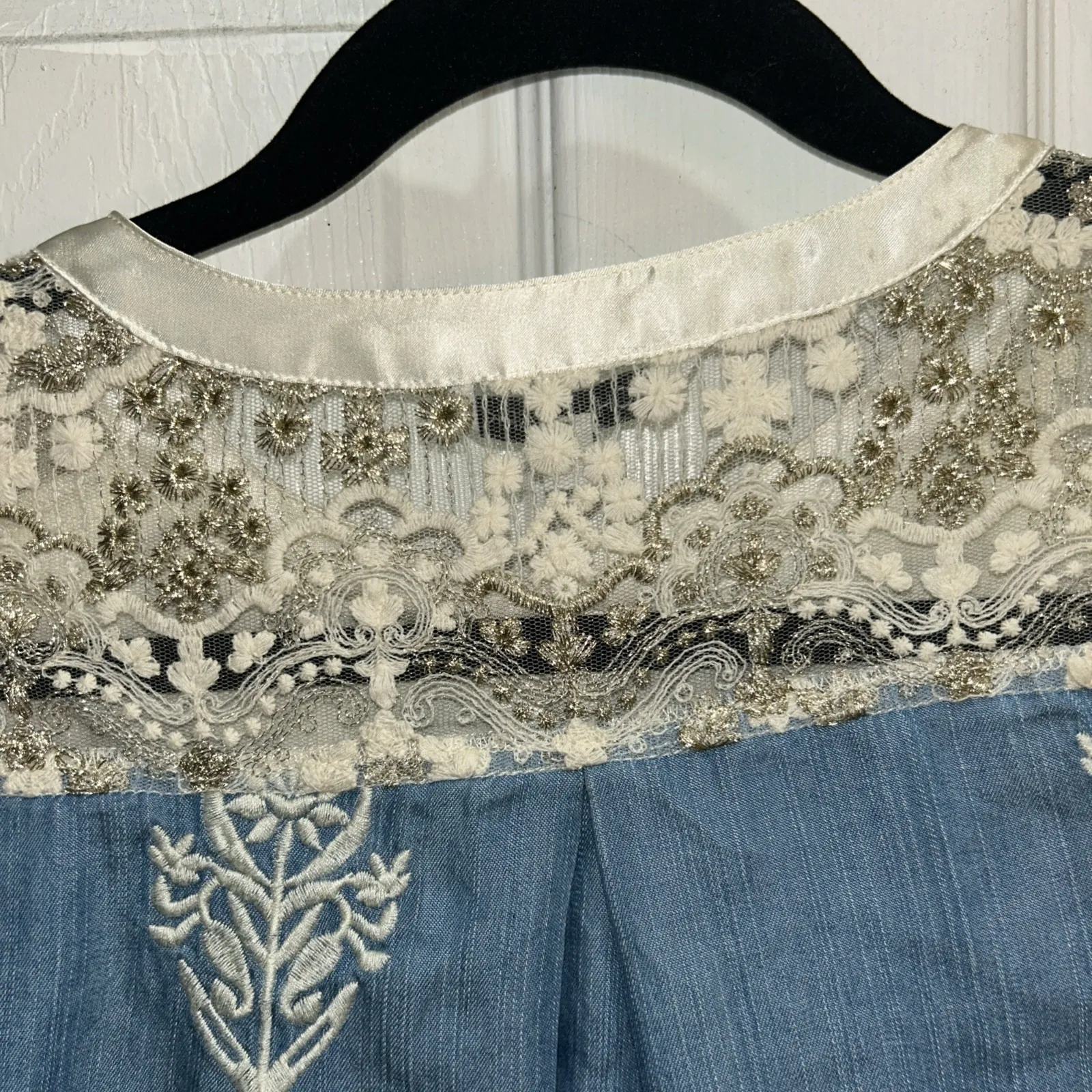 JOHN‎ MARK SMALL WHITE BLUE FLORAL EMBROIDERED BOHO COTTAGECORE LACE LONG SLEEVE - Image 6