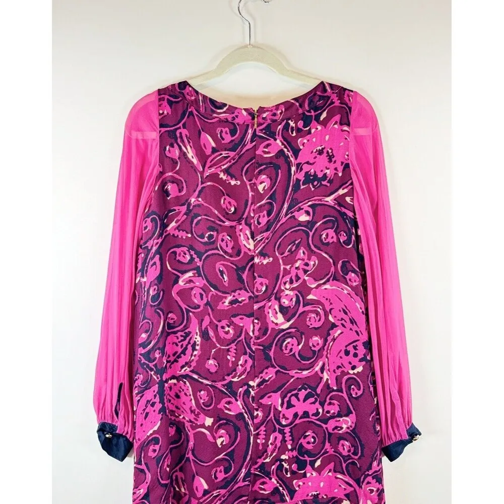 Tory Burch Dress Pink Floral Mini Sheath Wool Silk Long Sleeve Sheer Size 4 - Image 8