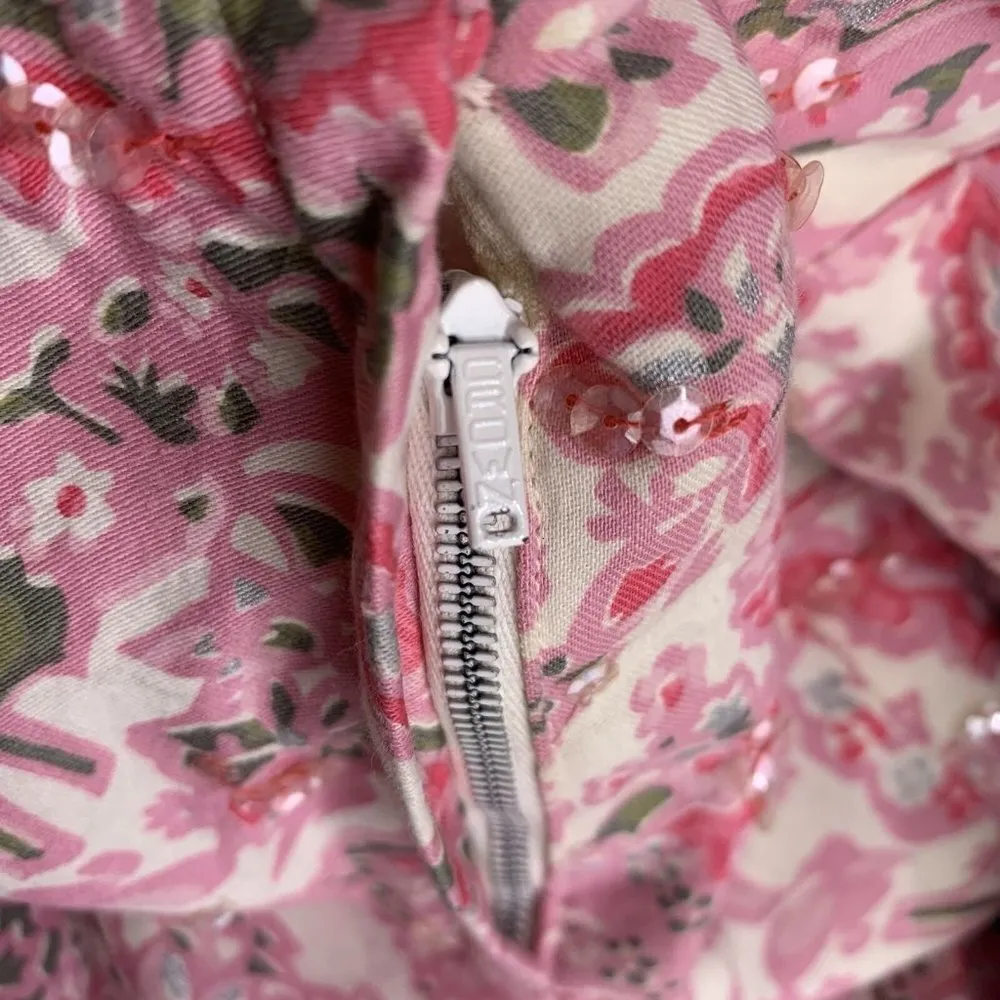 Vintage 50's SEMONT New York Pink Floral Cotton Sequin Dress Size Small - Image 6