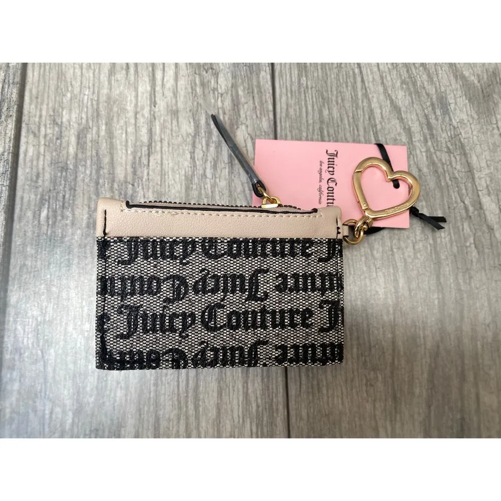 Juicy Couture Cardholder Wallet Black Beige Monogram Gold Heart Keychain NWT - Image 2