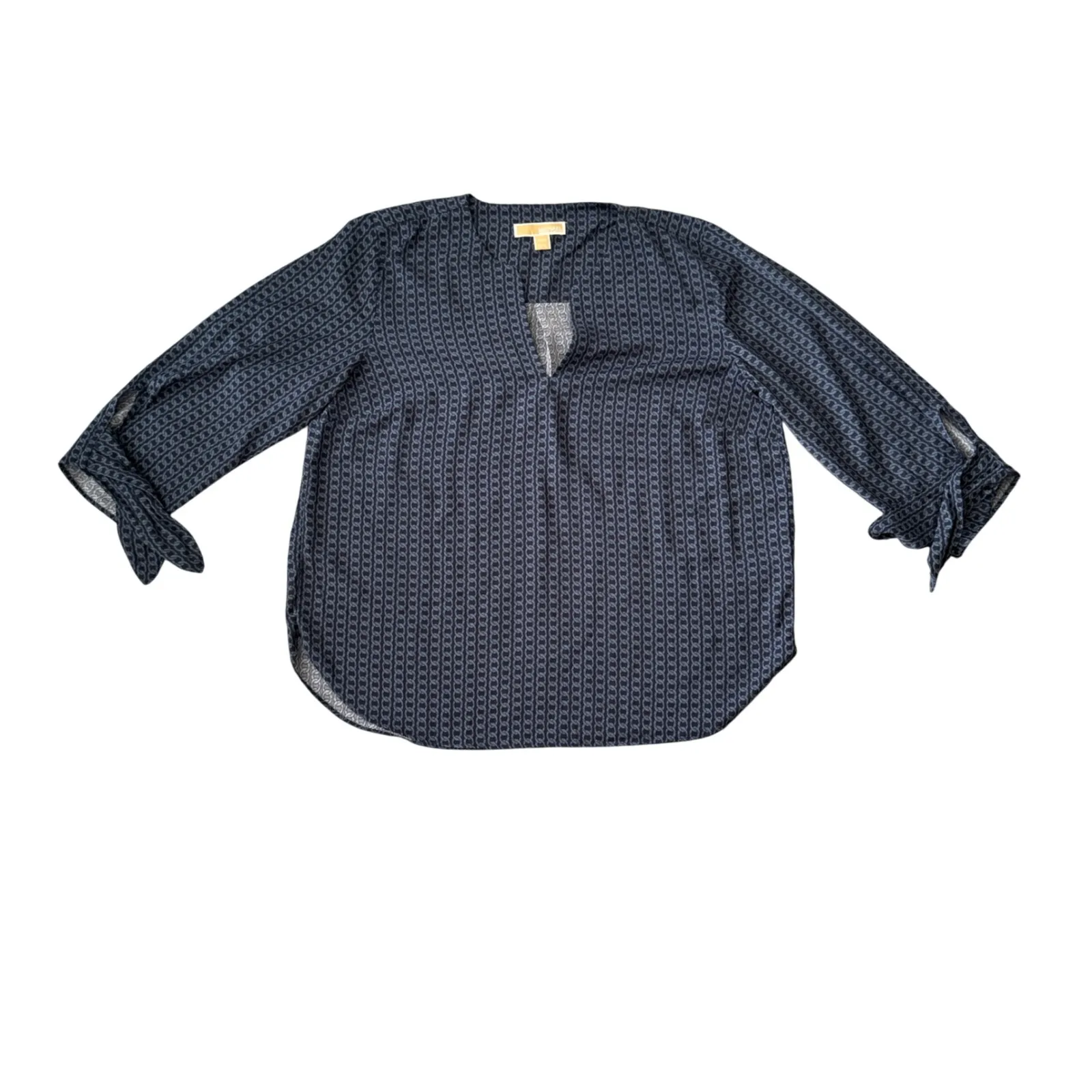 MICHAEL KORS Women's XL TG Blue Chain Print Tie Sleeve V Neck Blouse Top - Image 2