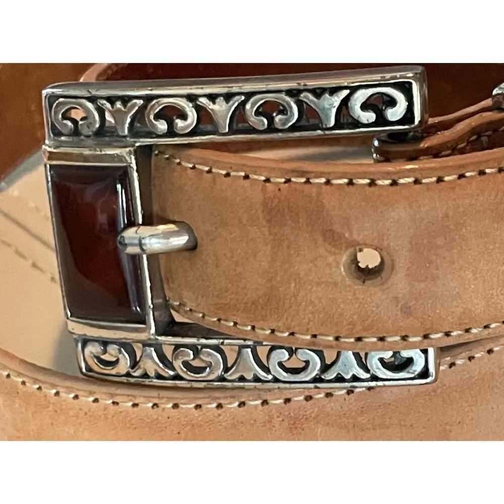 Brighton 90s Vintage Tan Leather Decorative Silver Buckle Belt S - Image 5