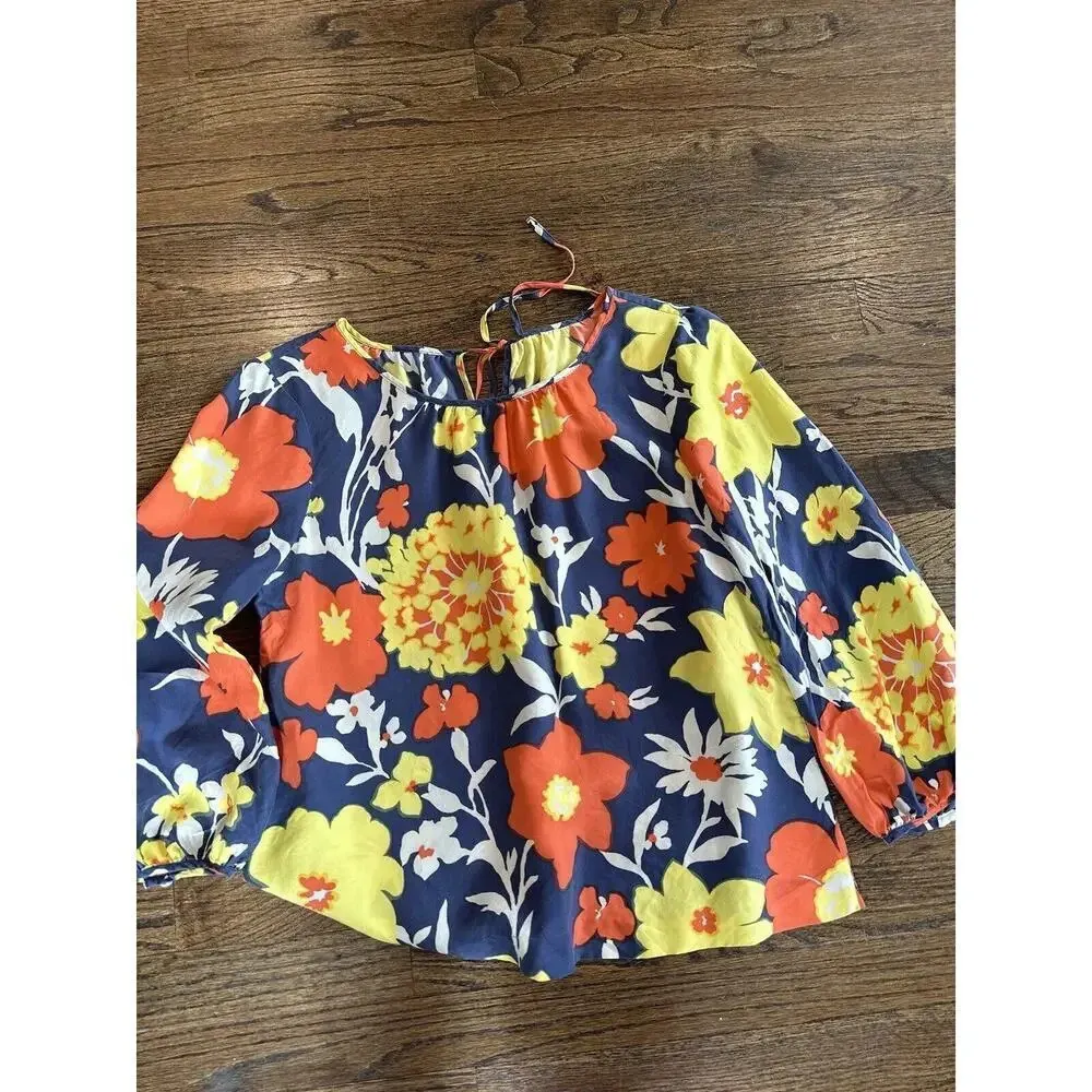 J. Crew Womens 100% Silk Tie Neck Blouse Top Sz 4 Multicolor Floral X0927 Blue - Image 5