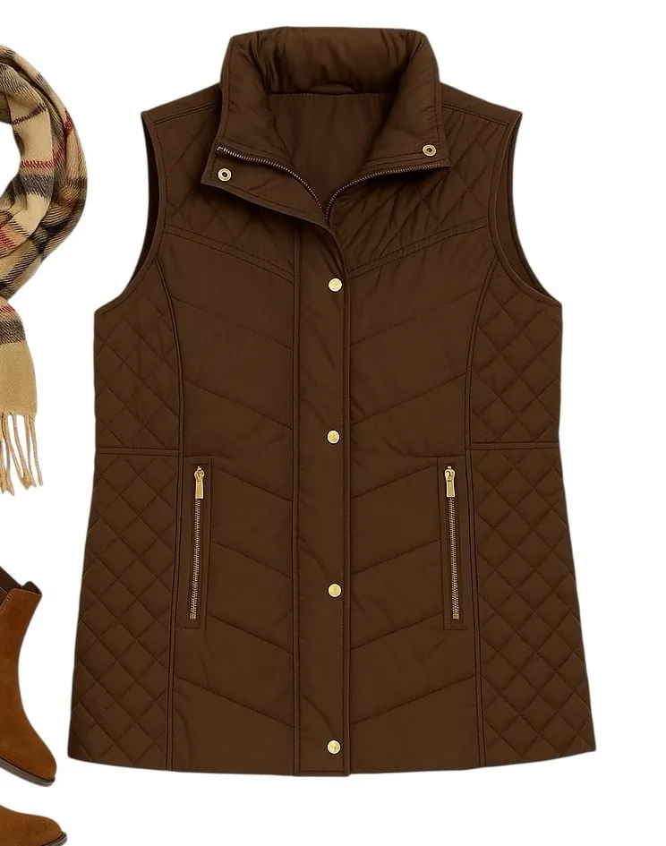 Weatherproof Brown Quilted Puffer Vest XXL Gold Snap Accent Zip Pockets EUC - Image 1