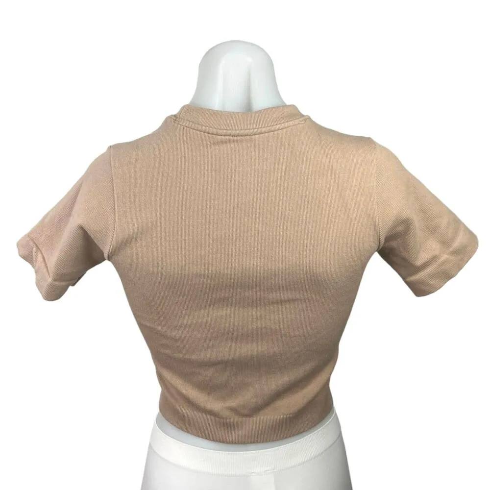 Everlane Tan Mock Neck Short Sleeve Plain Knit Stretch Crop T Shirt Top Sz XS/S - Image 2
