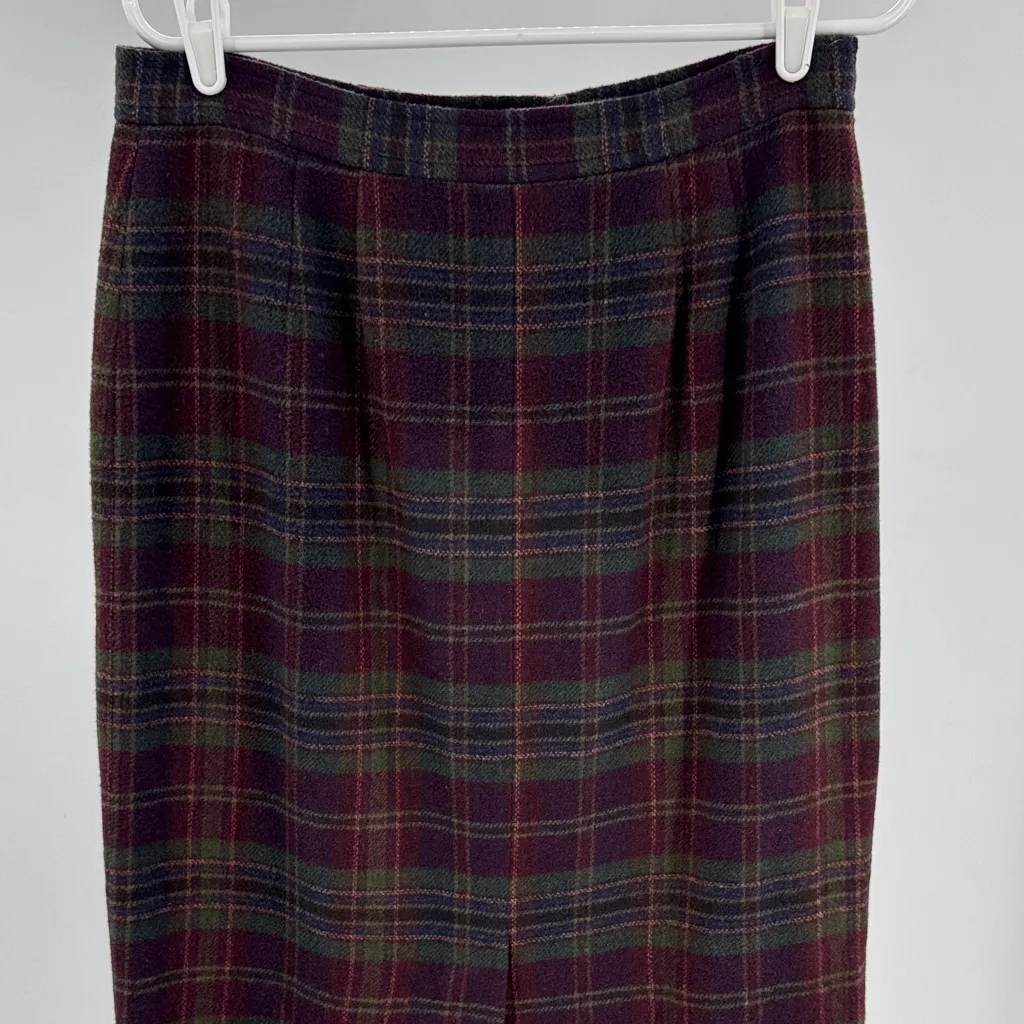 Liz Claiborne Burgundy green navy Plaid maxi Pencil Skirt wool blend 12 fall - Image 3