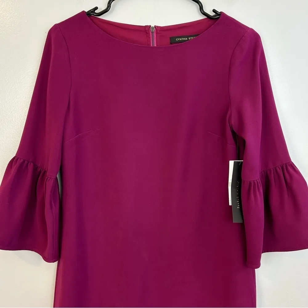 NWT Cynthia Steffe Raspberry 'Cora" Trumpet Sleeve Crepe Shift Mini Dress Sz 0 - Image 3