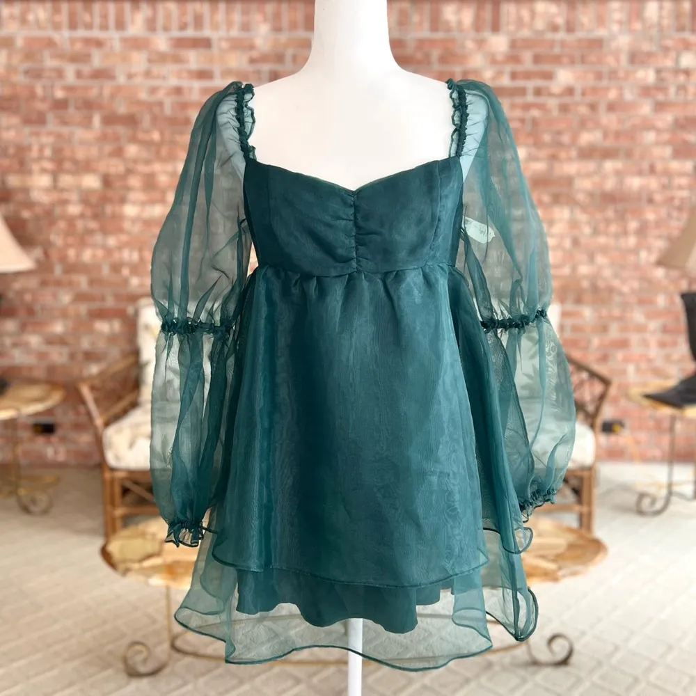 NEW Altar’d State Luretta Dress Teal Green Organza Babydoll Mini M (6/8) Party - Image 3